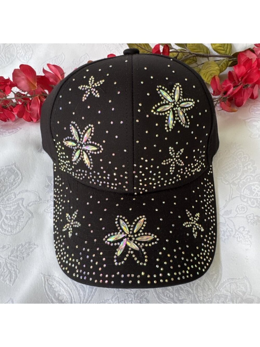 NEW BLACK SILVER COTTON FLOWERS SEXY BLING HAT SHINY STUDS JENNIFER & CO